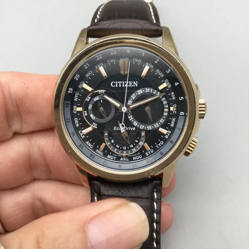 Citizen Eco-Drive Mens Watch 44mm Black Dial Gold Tone Brown Leather World Time
